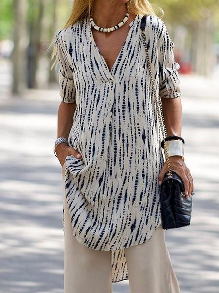 

Irregular Craftsmanship V Neck Casual Short sleeve tops, Dark blue, Tops