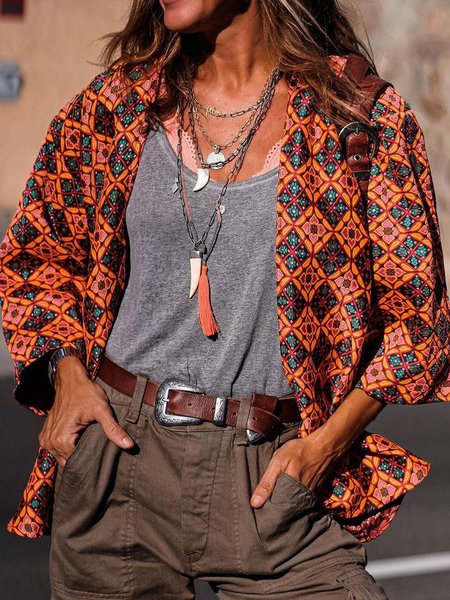 

Geometric Casual Collarless Cardigan, Orange, Outerwear