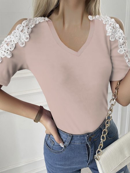 

Solid Romantic Cotton Blends V Neck Regular Fit Shirts & Tops, Pink, T-Shirts