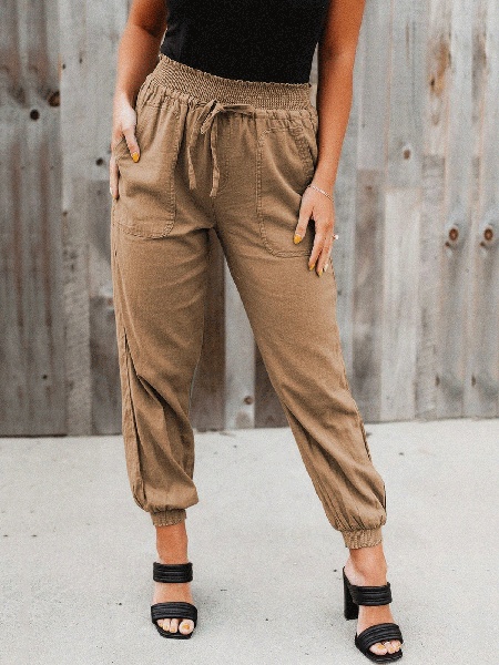 

Elastic Waist Jogger Pants With Pocket, Khaki, Pants