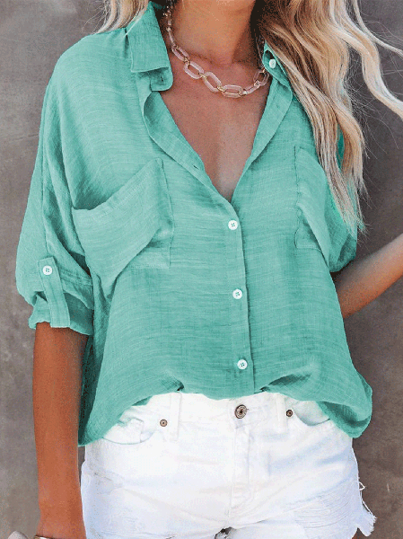 

loose long sleeve Buttoned shirt with pocket, Green, Blouses & Shirts
