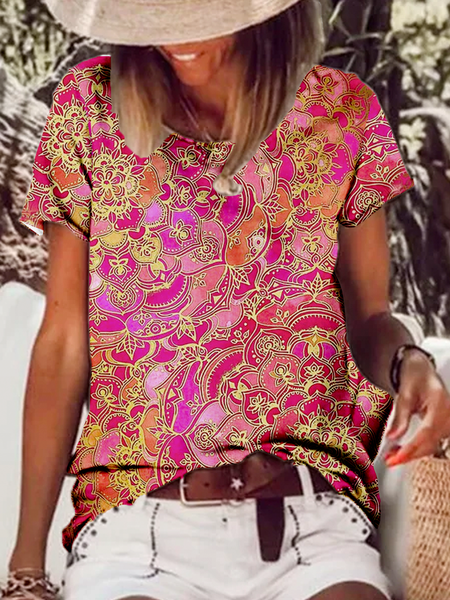 

Casual Loosen Tribal Shirts & Tops, Rose red, T-Shirts