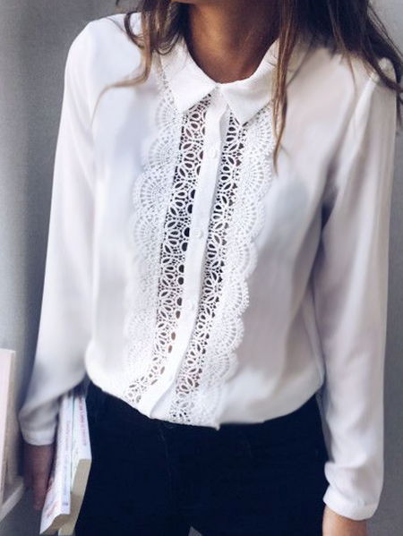 Cutout Lace White Shirt Casual Loosen Plain Shirts & Tops, Blouses & Shirts