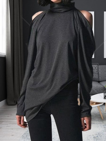 

Casual Loosen High Neck Shirts & Tops, Black, Long sleeve tops