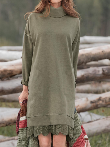 

High Neck Cotton Blends Casual Long sleeve Knit Dress, Army green, Mini Dresses