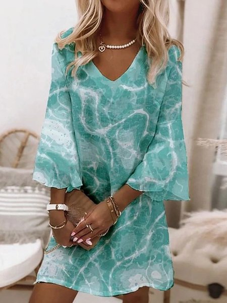 

Sea Printed V Neck Casual Three Quarter Midi A-line Dresses, As picture, Mini Dresses