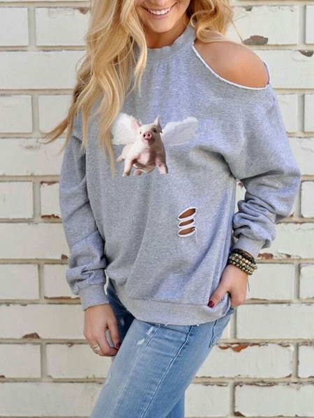 

Animal Casual Loosen Shirts & Tops, Gray, Long sleeve tops