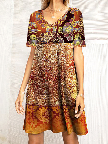 

Brown Abstract Floral Shift Dress Ethnic V Neck Loosen Dresses, Casual Dresses