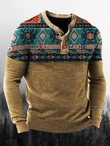 

Men's Vintage Casual Henley Collar Long Sleeve T-Shirt, Green, T-shirt