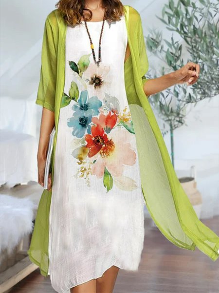 

Cotton Blends Vacation Floral Two-Piece Dress Set, Green, Suit Set