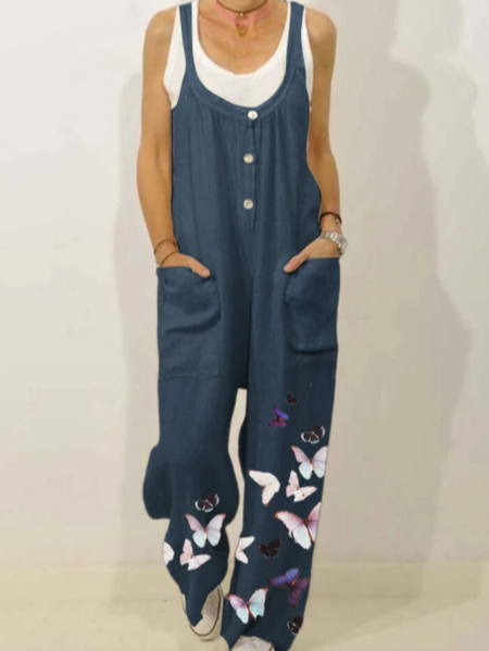 

Colorful Butterflies Print Straps Casual Jumpsuit For Women Vintage Jumpsuit & Romper, Blue, Jumpsuits＆Rompers