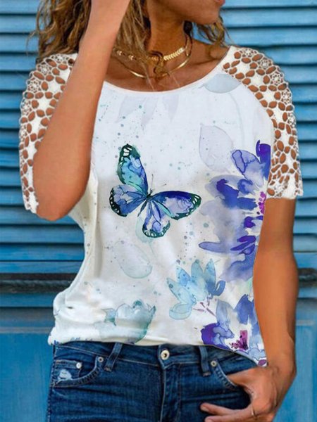 

Casual Butterfly Crew Neck Shirts & Tops, White, T-Shirts