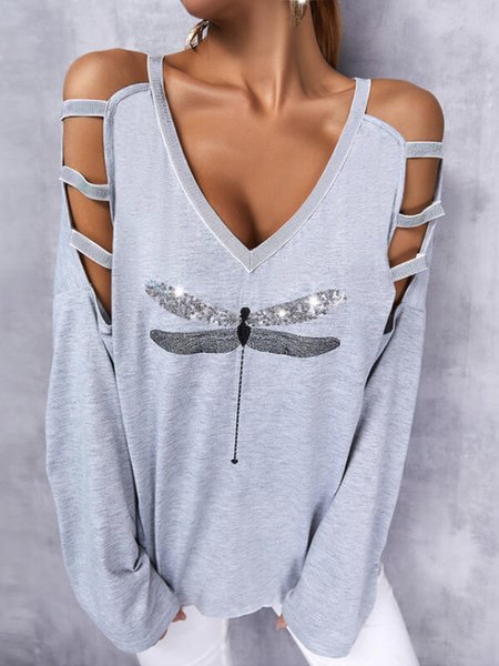 

Dragonfly Loosen Sexy Off Shoulder Hollow Out Cotton Blends Shirts & Tops, Gray, T-Shirts