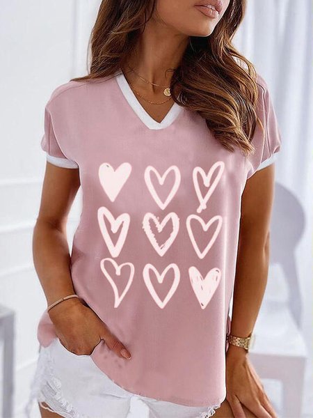 

Heart V Neck Casual Short Sleeve T-shirt, Pink, T-Shirts