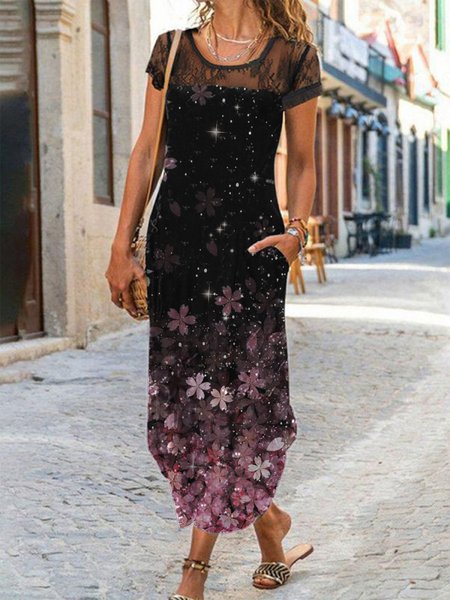 

Regular Fit Floral Boho Short sleeve Knit Dress, Black, Maxi Dresses