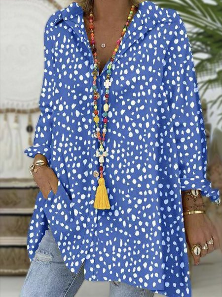

Polka Dots Geometric Loosen Casual Shirt Collar Shirts & Tops, Blue, Blouses & Shirts