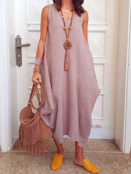

Pink Casual Linen Sleeveless A Swing Dress, Casual Dresses