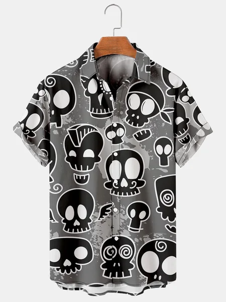 

Men's Music Skull Print Casual Short Sleeve Shirt, Gray, Men's Floral shirt