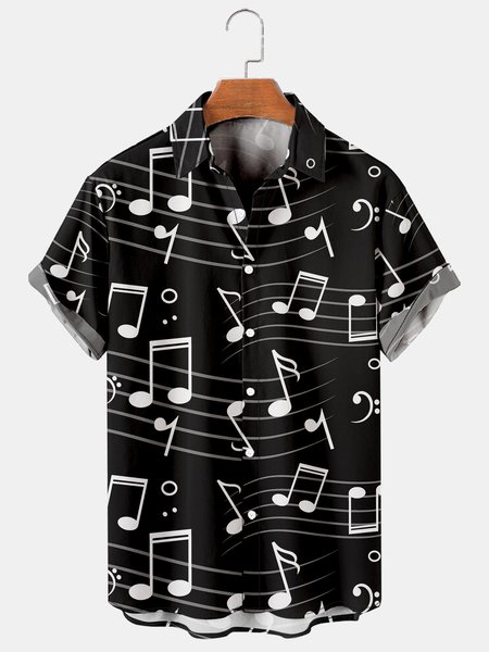 

Men's Music Symbol Print Loose Short Sleeve Shirt, Black, Men's Floral shirt
