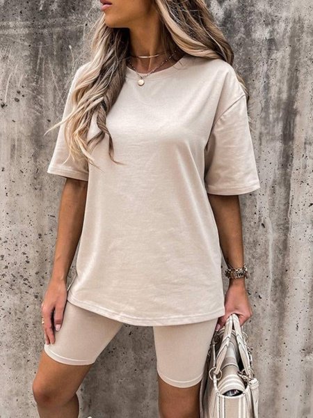 

Casual Plain Round Neck Suits, Apricot, Two-piece Outfits