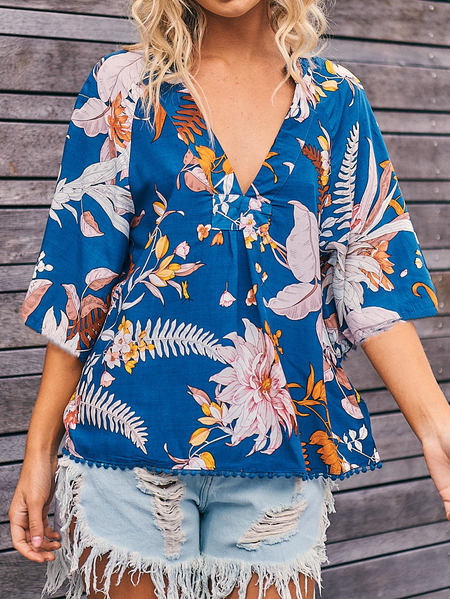 

V Neck Boho Short sleeve tops, Blue, Tops