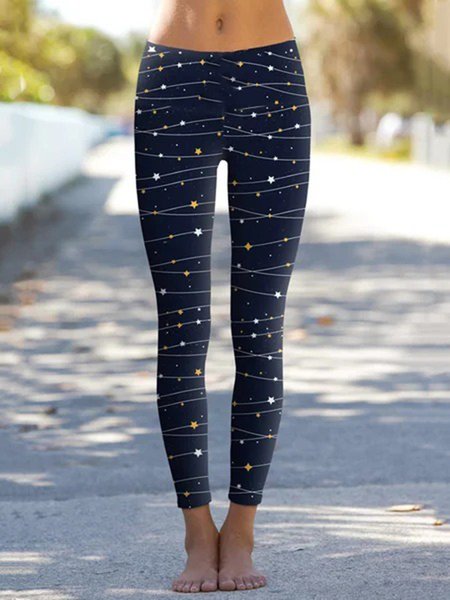 

Stars Printed Skinny Elastic Waist Pants, Deep blue, Leggings