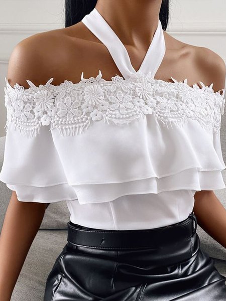 

Halter Solid Patchwork Lace Flouncing Top, White, Tops
