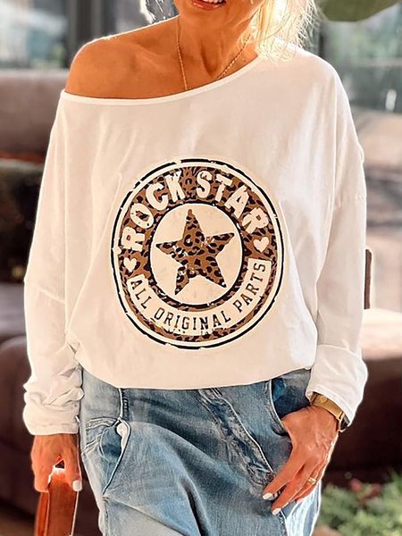 

Casual Loosen Crew Neck Star Printed Long Sleeves T-shirt Sweater Long Sleeve T-shirt, White, T-Shirts