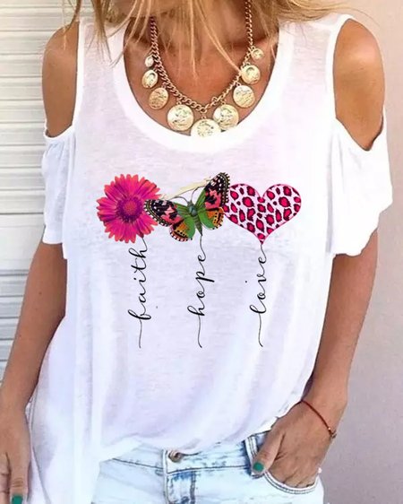 Faith Love Hope Cotton Blends Crew Neck Loosen Shirts & Tops, White, T-Shirts