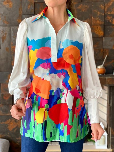 

Abstract Casual Shirt Collar Long Sleeve Shirt, Multicolor, Blouses and Shirts