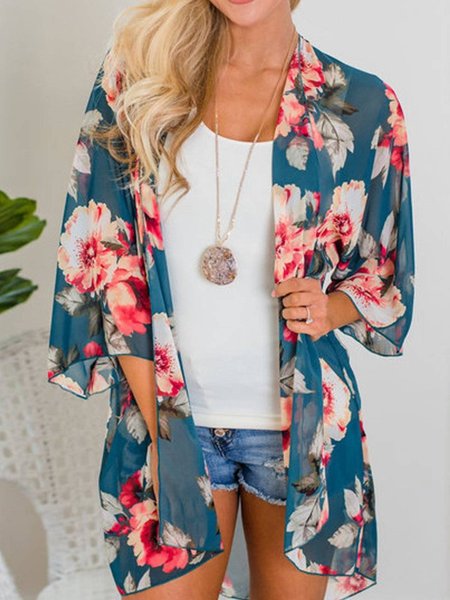 

Casual Floral Collarless Boho Long Sleeve Outerwear, Multicolor, Outerwear