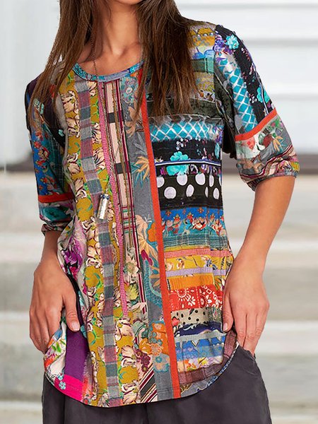 

Loosen Bishop Sleeve Cotton Blends Hippie Half Sleeves T-shirt Shirts & Tops, Multicolor, T-Shirts