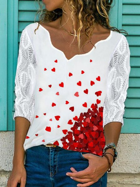

Casual V Neck heart Shirts & Tops, White, T-Shirts