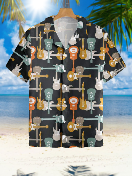 

Holiday Casual Music Elements Guitar Pattern Hawaiian Print Shirt Top, Multicolor, Men's Floral shirt
