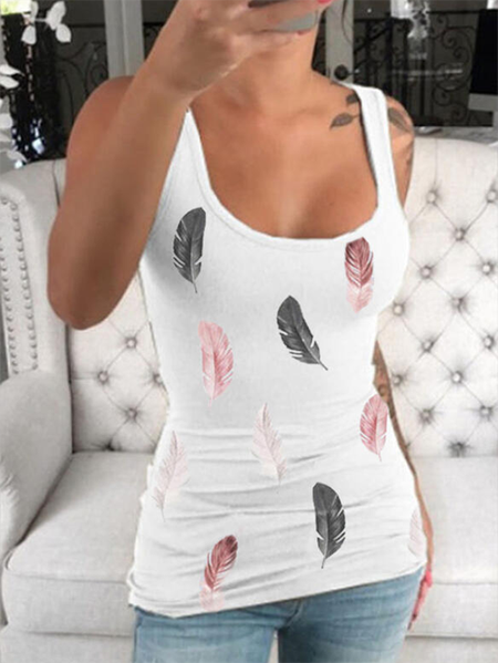 

Sleeveless U-neck Casual Feather Vests, White, Tank Top