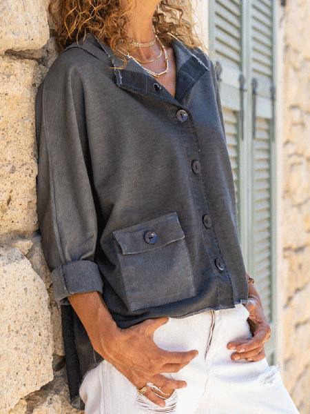 

Grey Button Down Shirt Ladies Jacket with Pockets, Gray, Outerwear