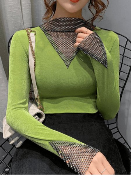 

Spring Lightweight Elegant Daily High Stretch Boat Neck Tops, Green, Tees