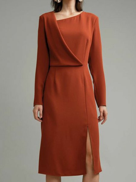 

Elegant Solid Asymmetrical Neck Long sleeve Dress, Red brown, Midi Dresses