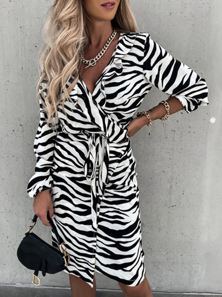 

Casual Loosen Zebra V Neck Dresses, Black-white, Dresses