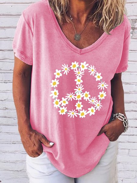 

Daisy and Peace V-Neck Short Sleeve T-Shirt, Pink, T-shirts