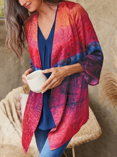 

Plus Size Casual Floral Three Quarter Loosen Outerwear, Red, Outerwear