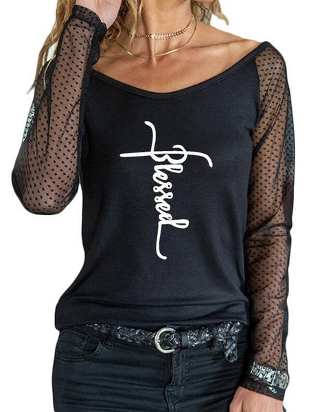 

Letter Loosen Casual Raglan Sleeve Cotton Blends Shirts & Tops, Black, T-Shirts