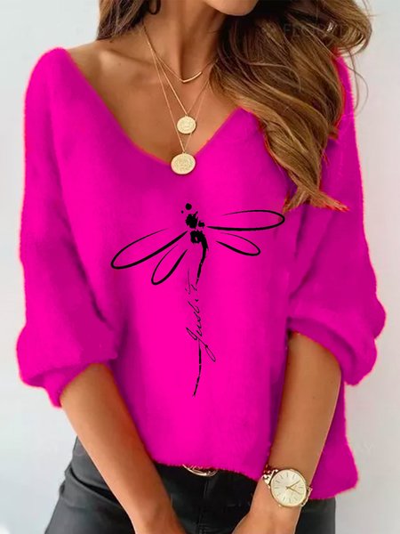 

Cotton Blends Butterfly Loosen Shirts & Tops, Rose red, T-Shirts
