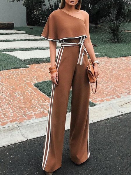 

Asymmetrical Neck Elegant Plain One-Piece, Brown, Jumpsuits