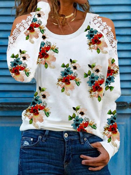 

Vacation Floral Loosen Lace stitching Shirts & Tops, White, Long sleeve tops