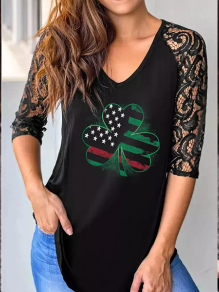 

Vacation Lace Star Floral Shamrock Shirts & Tops Plus Size, Black, T-Shirts