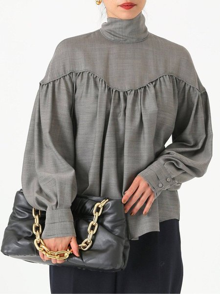 

Elegant Solid Stand Collar Tie Neck Top, Gray, Tops