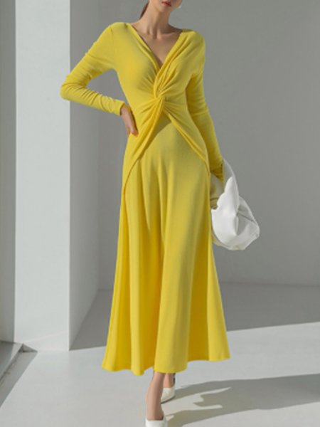 

Simple Slim Fit V Neck Knot Front Dress, Yellow, Maxi Dresses