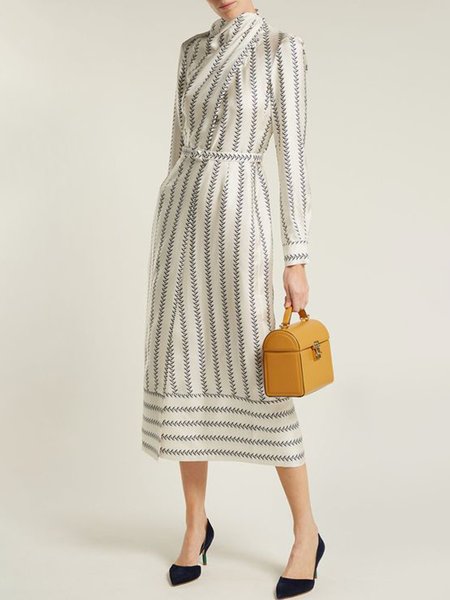 

Stand Collar Elegant Regular Fit Daily Dress, White, Maxi Dresses