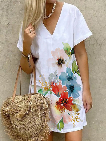 

V Neck Floral Vacation Dresses, White, Mini Dresses
